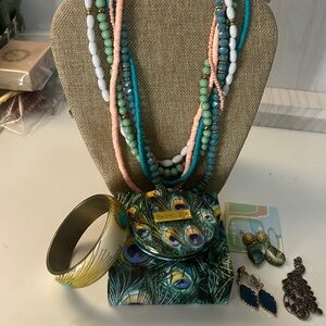 Peacock inspired grouping of jewelry. necklace, earrings, bracelet, #008​